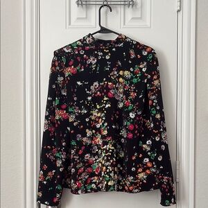 H&M Fitted Black and Pink Blouse with Mandarin Collar